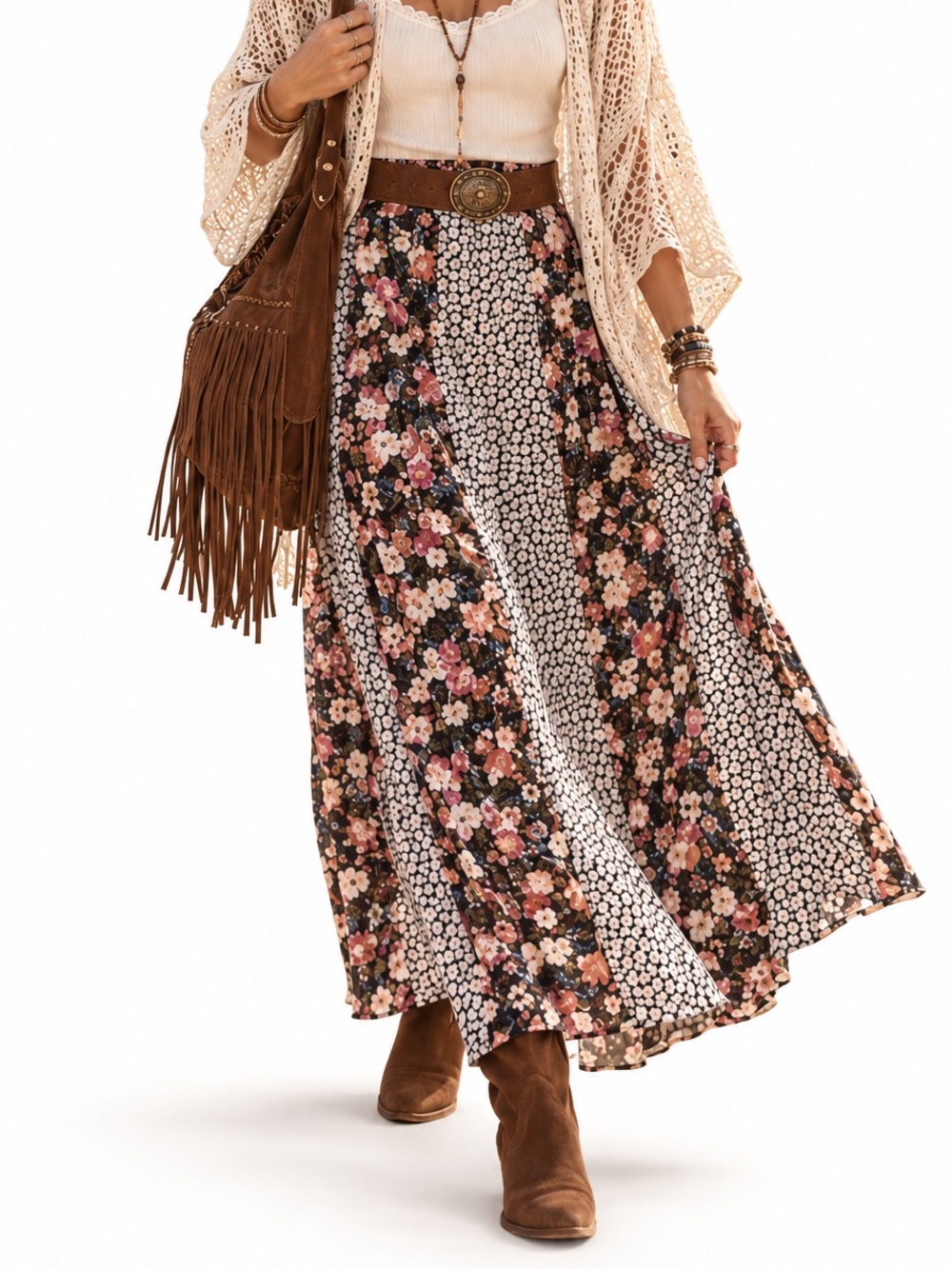 Pieces Patchwork Floral Midi Skirt Women's M Black Boho Chic